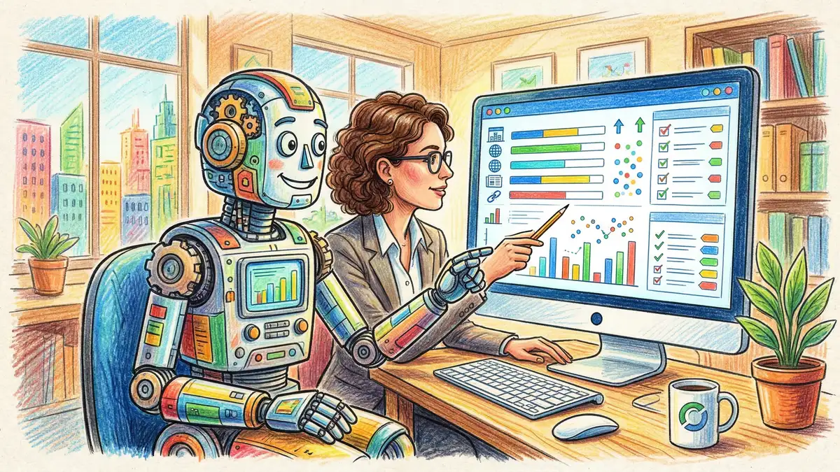Pencil crayon illustration of a robot and human working together at a computer, representing AI-assisted link building prospecting