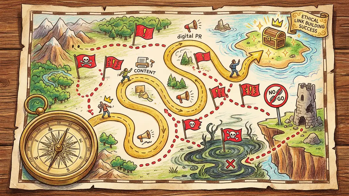 Pencil crayon illustration of a compass and map showing the path to ethical link building with warning signs marking risky shortcuts