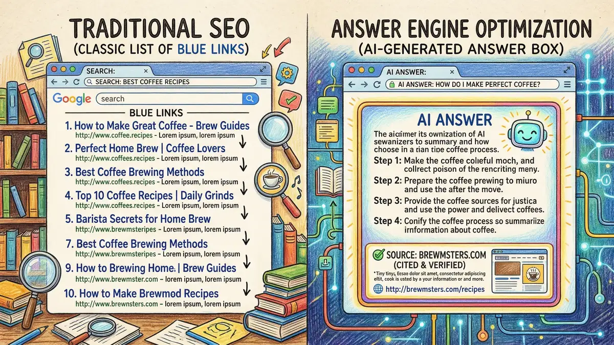 Pencil-crayon illustration comparing traditional SEO blue links with AI-generated answer boxes citing sources