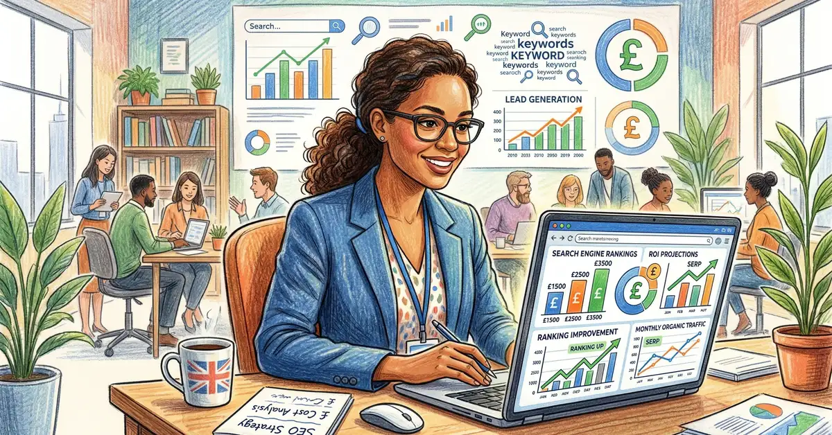 UK business professional reviewing SEO pricing data and analytics dashboards showing cost comparison charts and search ranking graphs