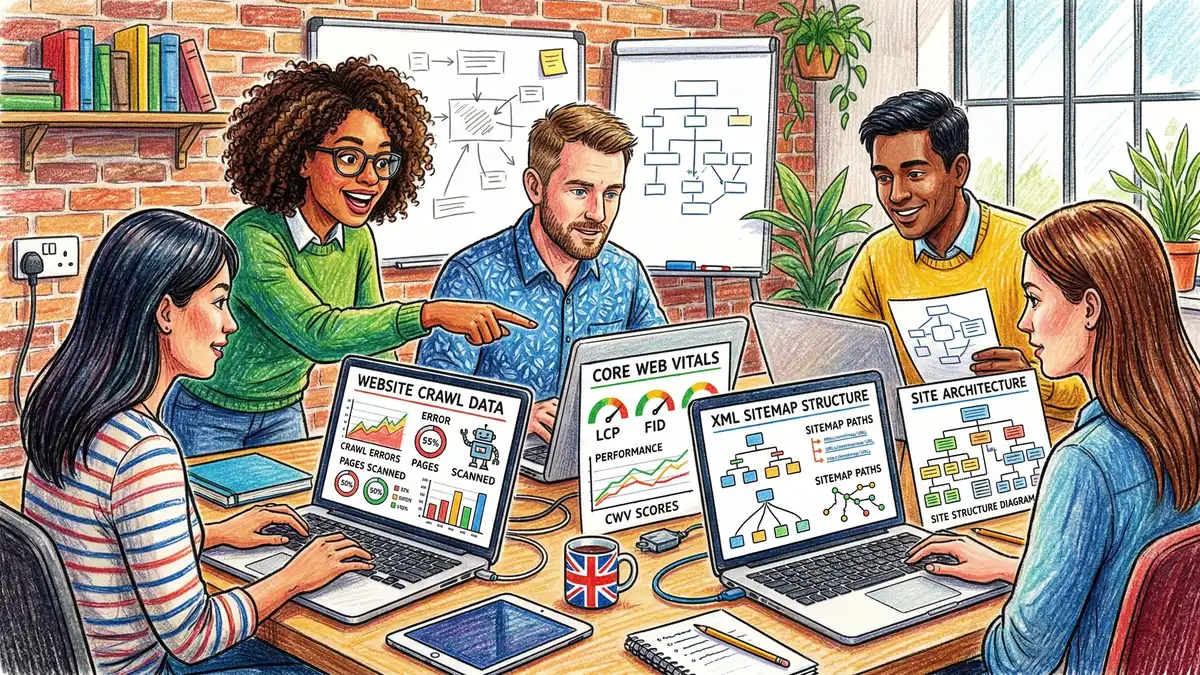 UK business team performing a technical SEO audit