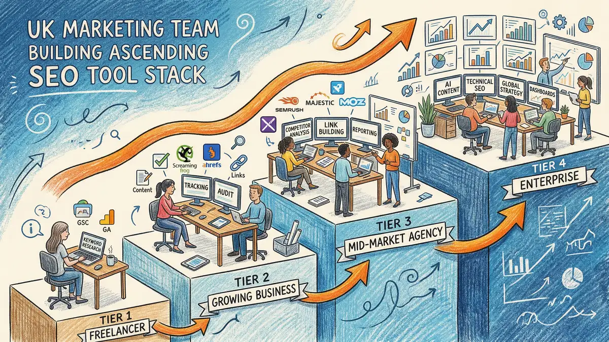 Pencil and crayon illustration showing a UK marketing team building their AI SEO tool stack, with different budget tiers represented as ascending steps from freelancer to enterprise level