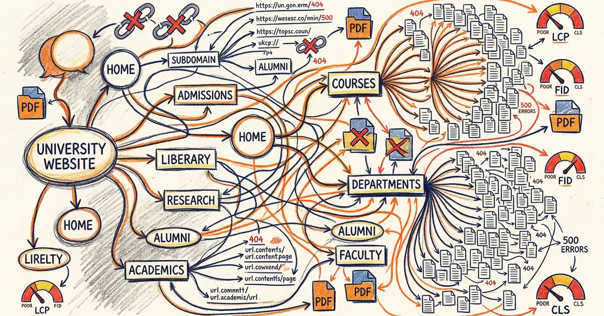 Technical infrastructure audit of a university website showing fragmented subdomains, CMS systems, and crawl issues