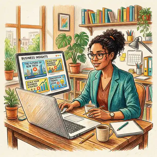 B2B buyer discovering awareness-stage video content on laptop with thought leadership thumbnails visible