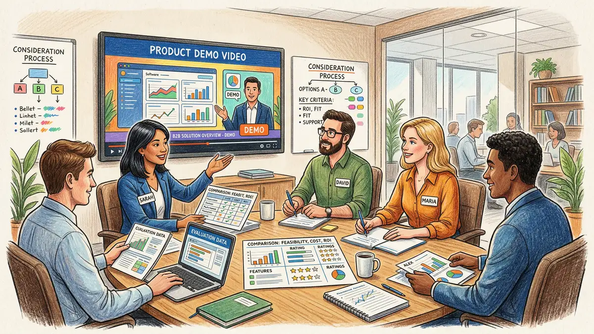 B2B team evaluating product demo video during consideration stage with comparison charts on meeting room screen