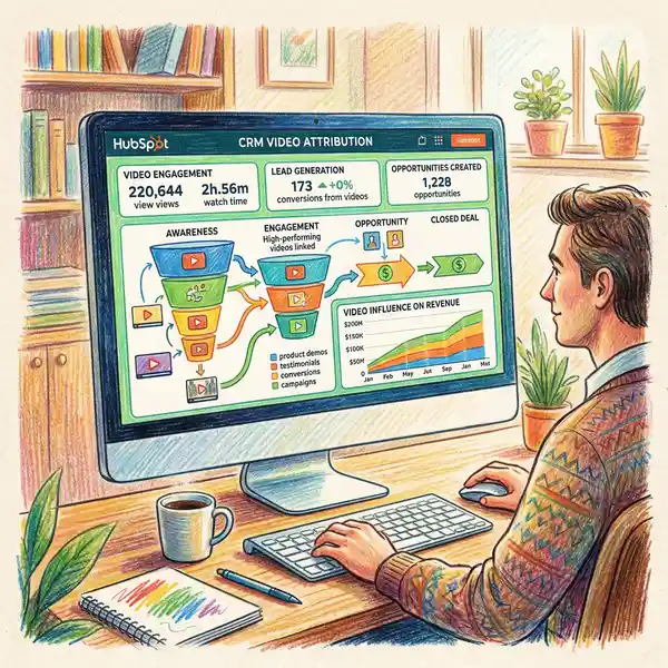 CRM video attribution dashboard showing video engagement metrics flowing into pipeline and revenue charts