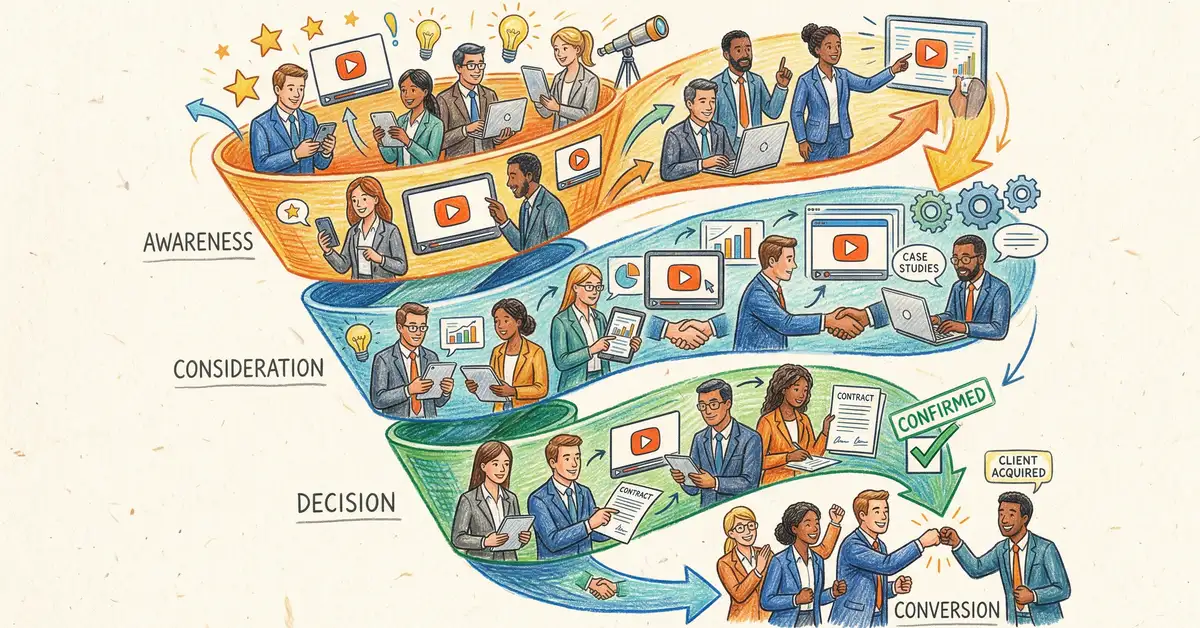 B2B video marketing funnel showing awareness consideration and decision stages with video content mapped to each buyer journey phase