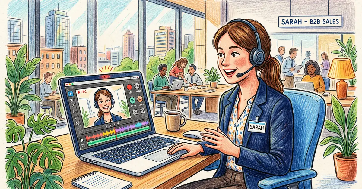 B2B sales professional recording a personalised video prospecting message on laptop with engagement analytics displayed