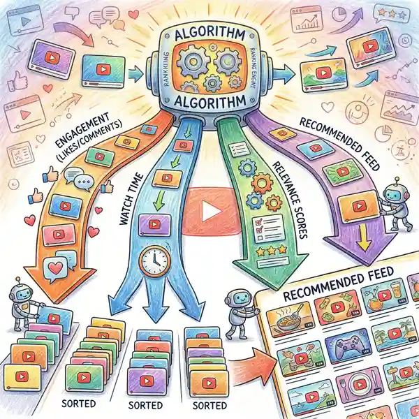 YouTube algorithm optimization workflow showing content analysis, audience targeting, recommendation system integration, and ranking factors