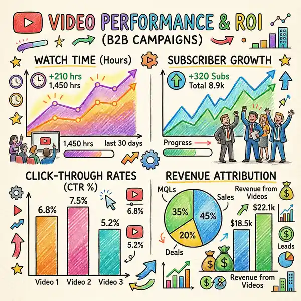 YouTube Analytics dashboard showing ROI metrics including watch time, engagement rates, click-through rates, and conversion attribution data