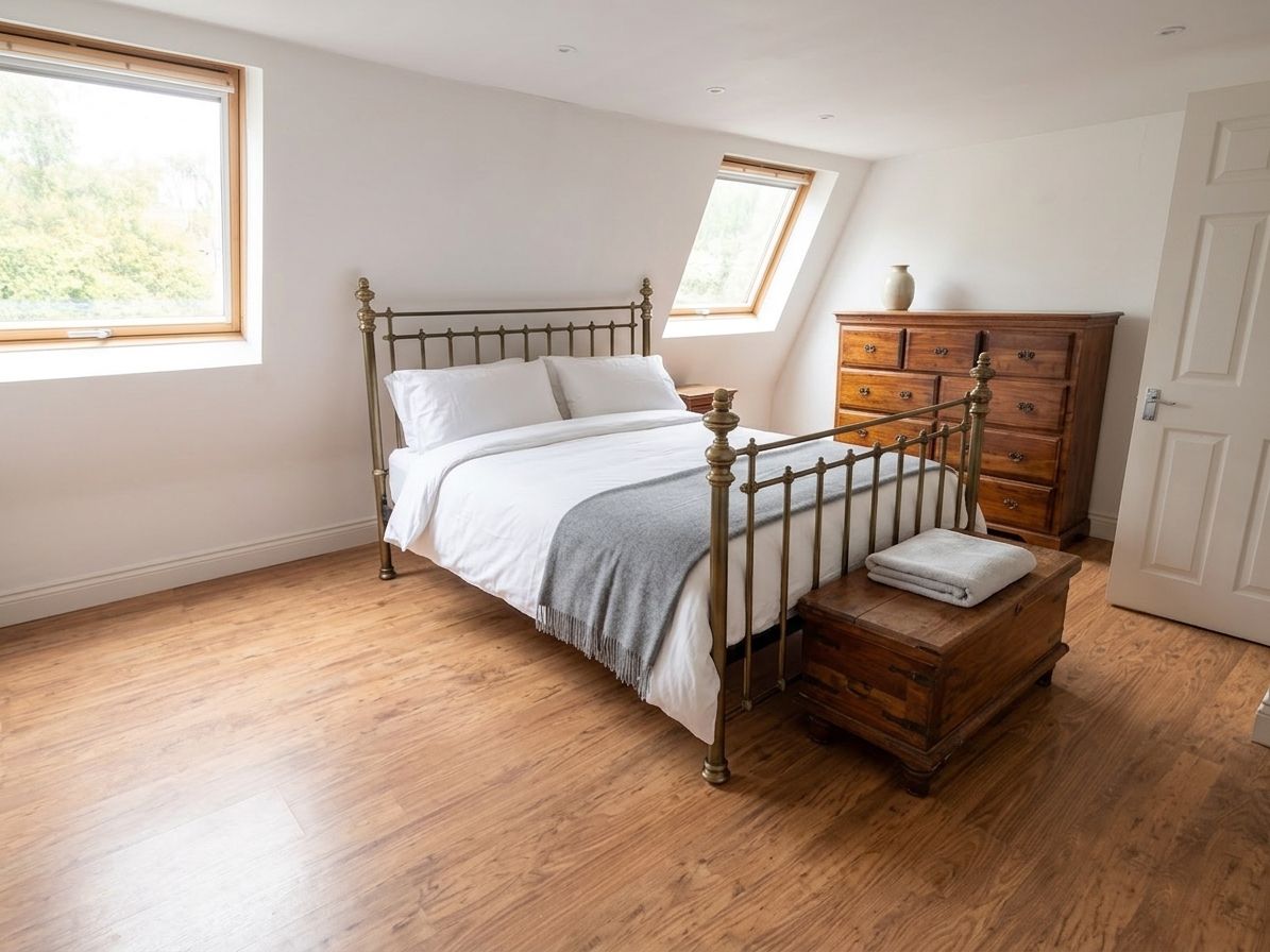 Loft double bedroom with rooflights (digitally staged)