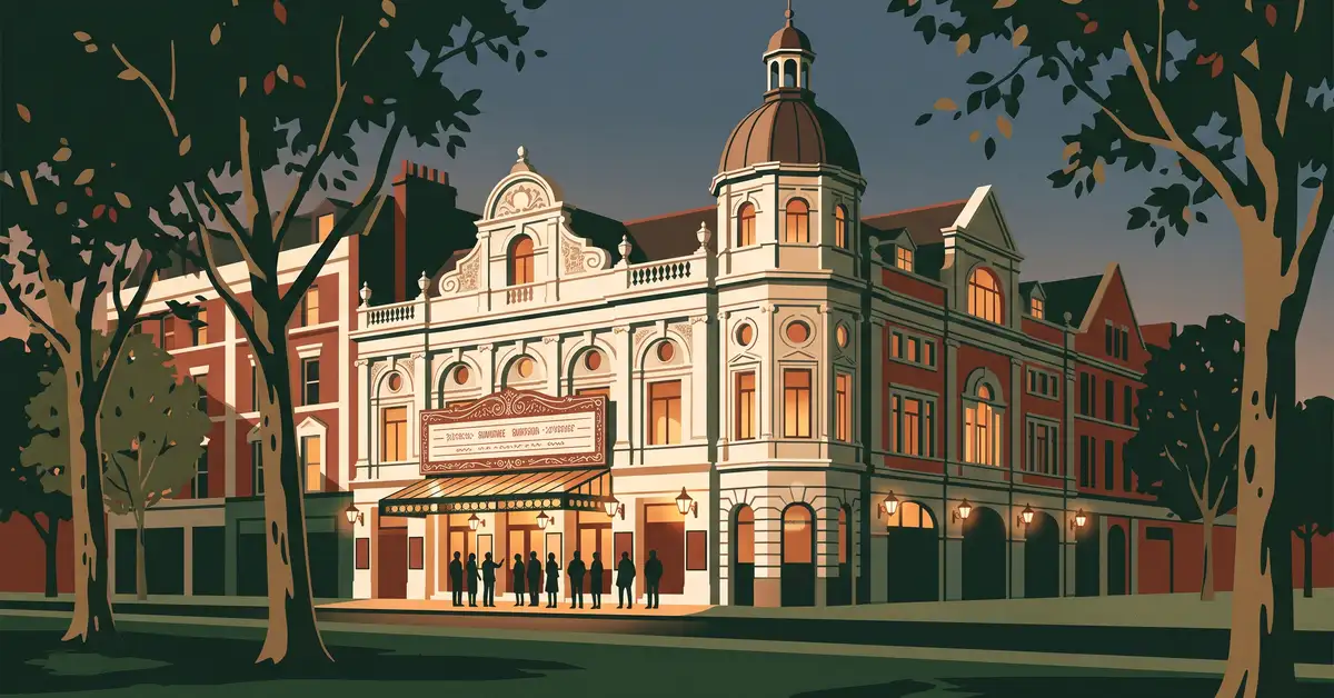 Illustration of an Edwardian theatre facade at dusk