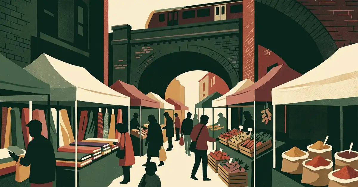 Illustration of a London street market under a railway viaduct