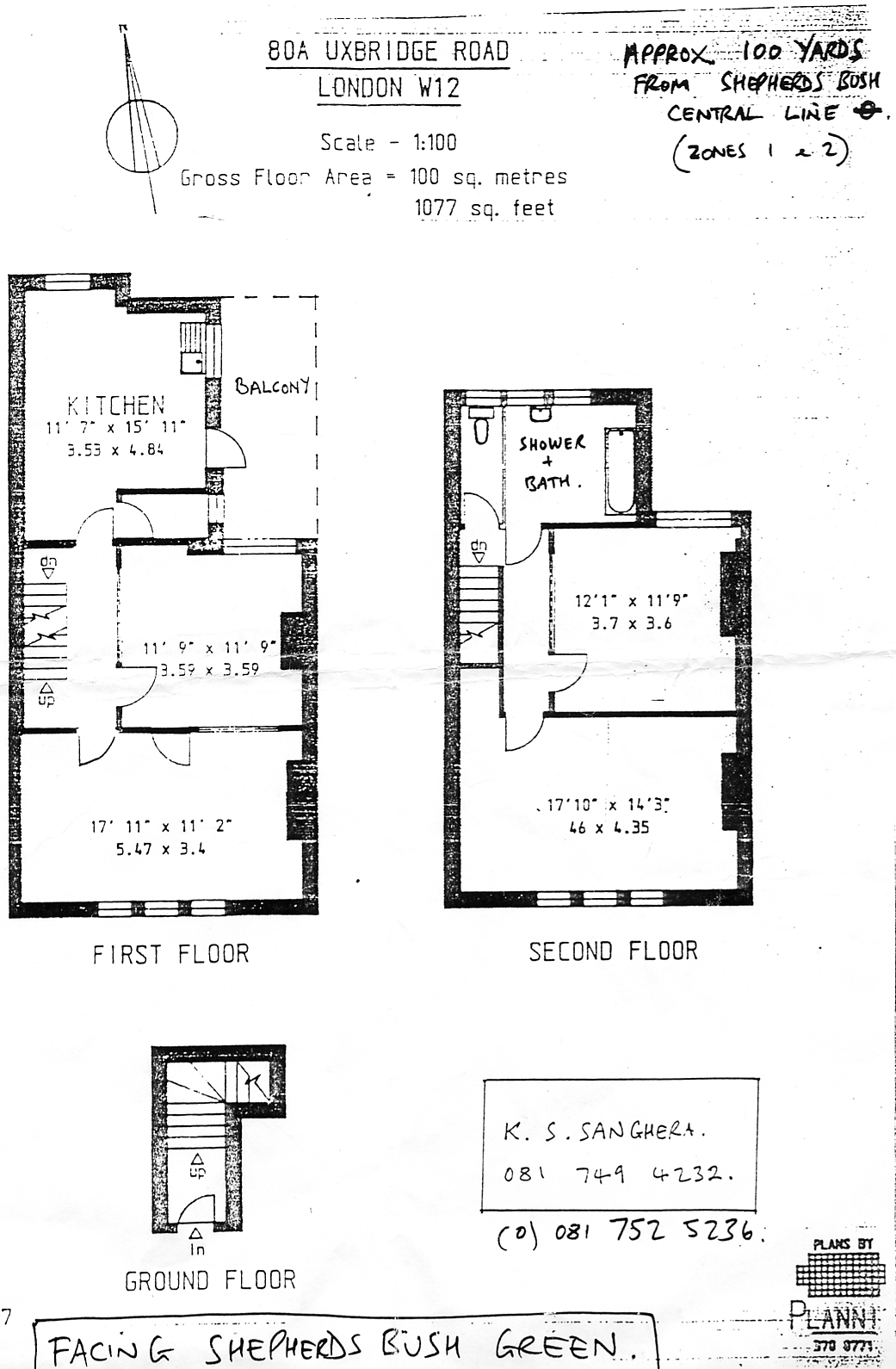 1:100 floor plan of 80A Uxbridge Road, drawn 2003