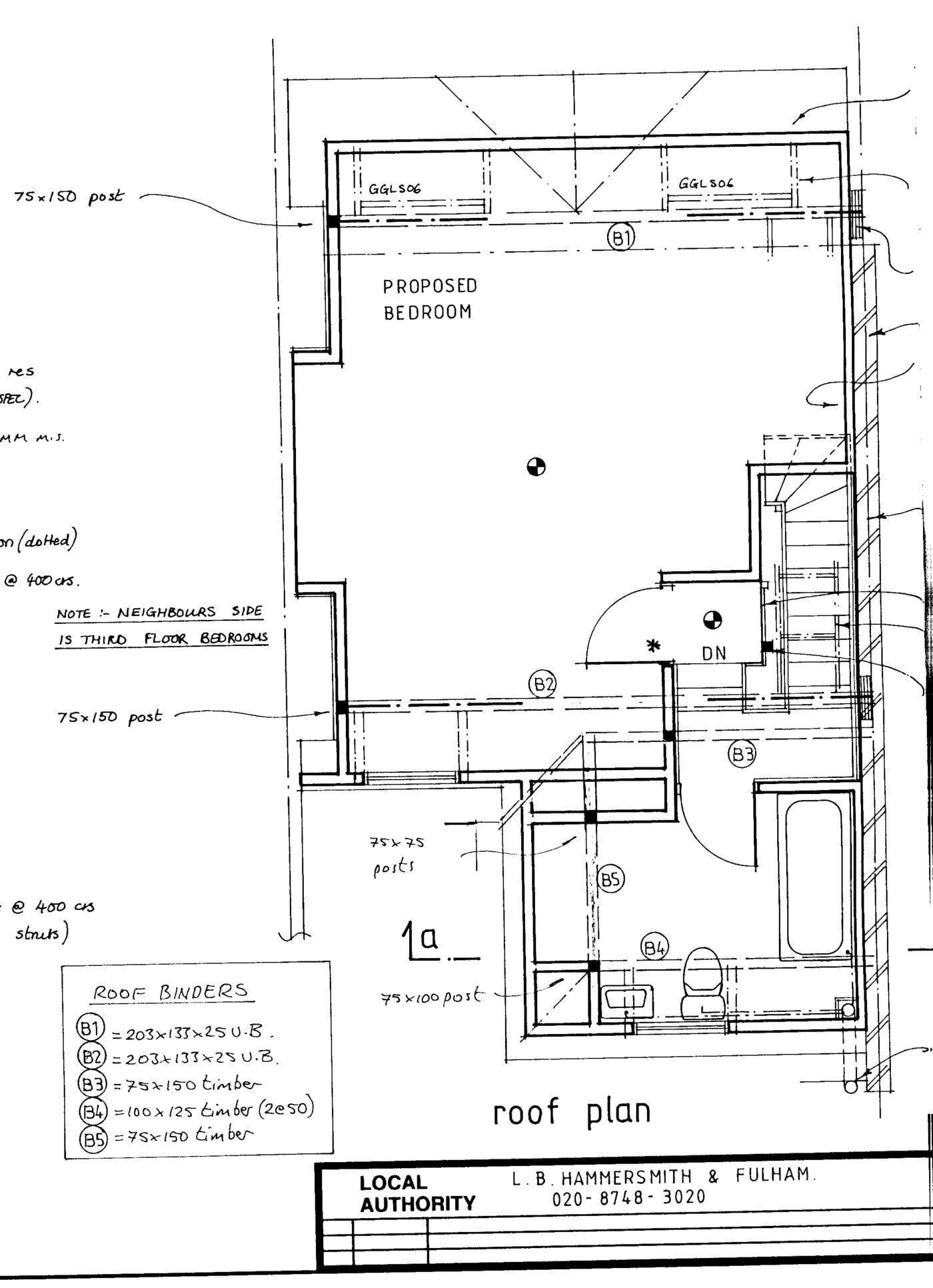 Loft floor plan of 80A Uxbridge Road — proposed bedroom and shower room, drawing LR159, 2003