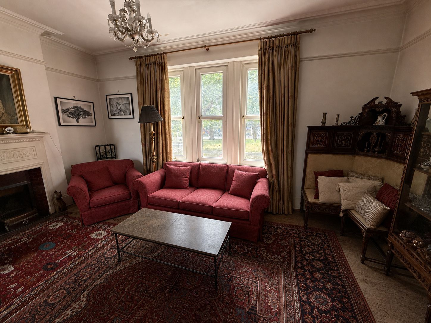 Reception room windows overlooking Shepherd's Bush Green (digitally staged)
