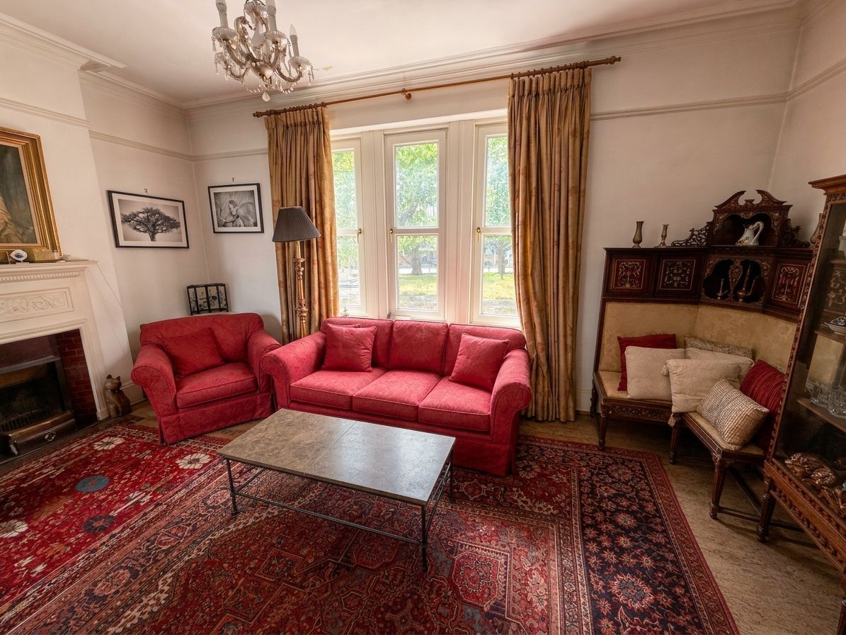 Reception room windows overlooking Shepherd's Bush Green (digitally staged)