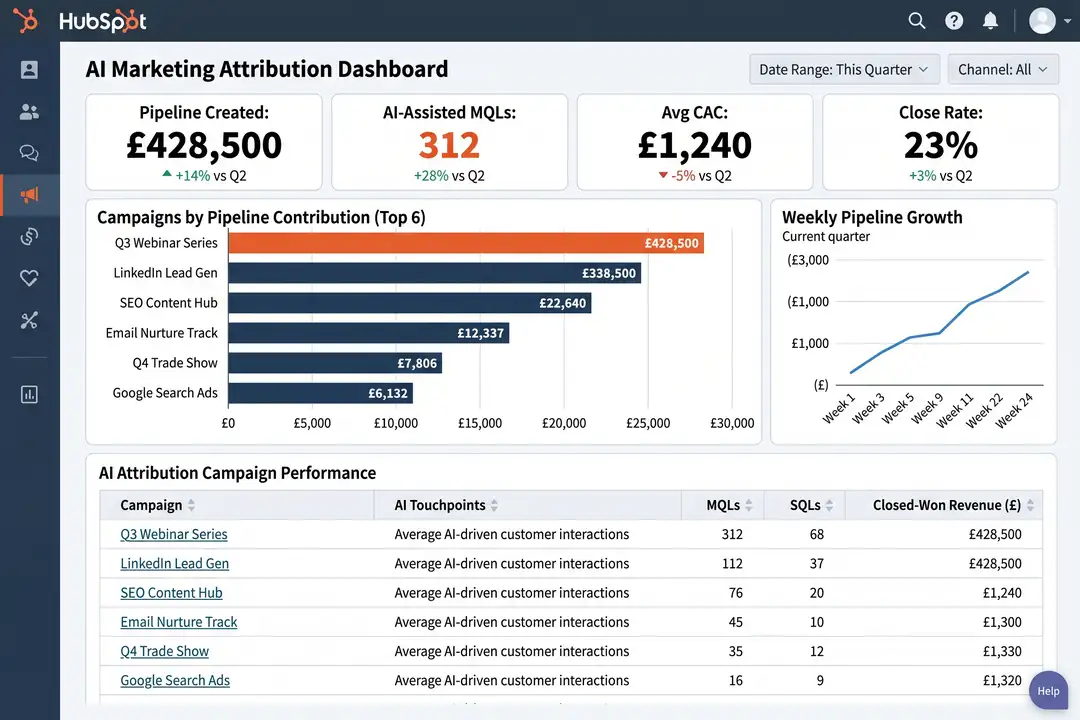 HubSpot dashboard showing AI marketing attribution from first touch through to closed-won pipeline by channel and persona