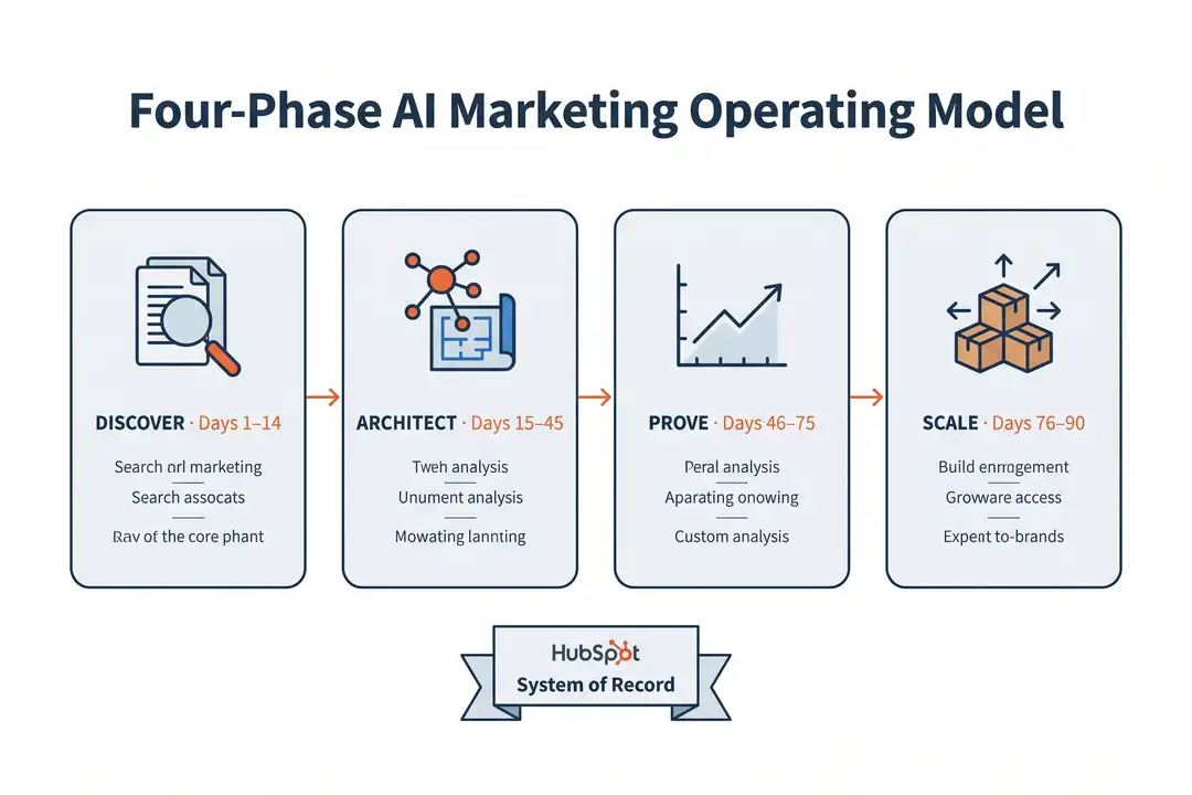 Four-phase AI marketing operating model from Discover through Architect, Prove, and Scale showing tools, owners and outputs at each stage