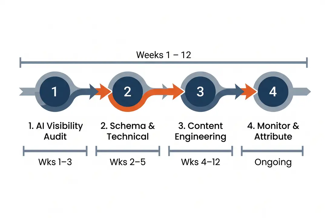4-phase AI SEO process diagram: Audit, Schema, Content, Monitor — with typical timeline weeks 1 through 12