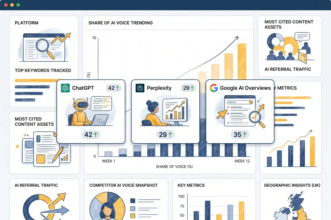 AI SEO services dashboard showing ChatGPT, Perplexity and Google AI Overviews citations for a UK B2B brand
