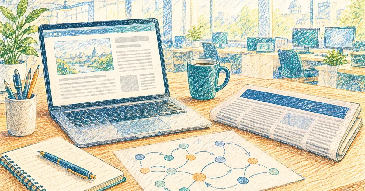 Newsroom desk with a published article on a laptop, a newspaper and a hand-drawn link map