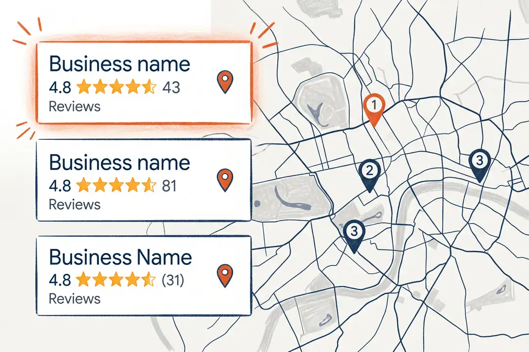 Google Local Pack ranking visualisation showing top 3 map positions for UK local business search