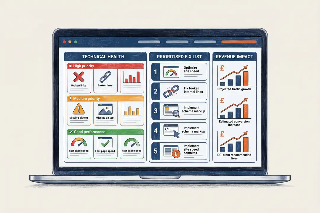 SEO audit dashboard — prioritised fix list, revenue impact, and 90-day action plan